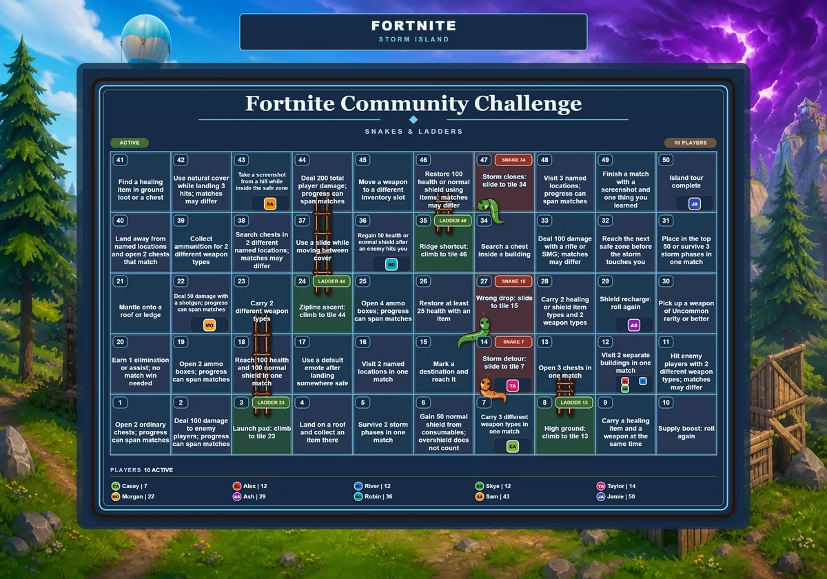 A 50-tile Fortnite challenge board with loot, traversal, survival and light combat objectives